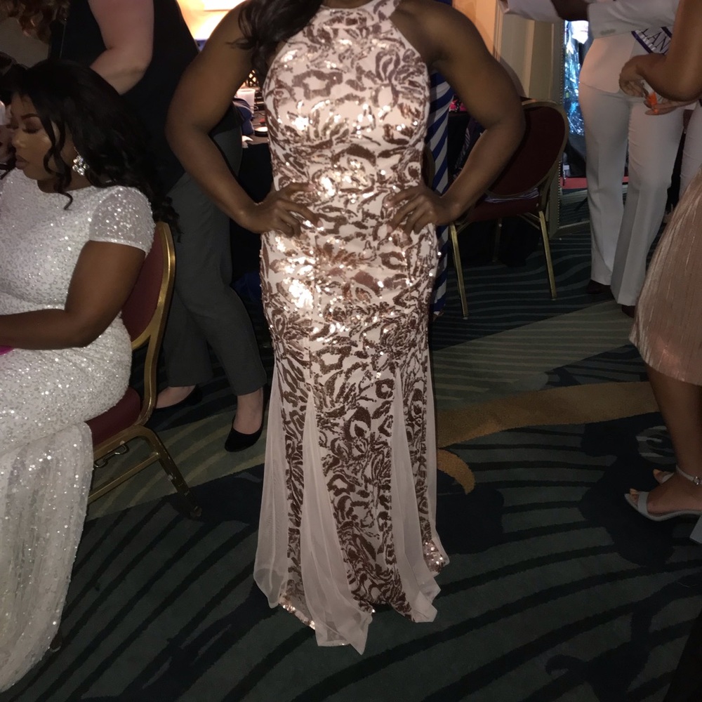 Gold lace laid evening dress